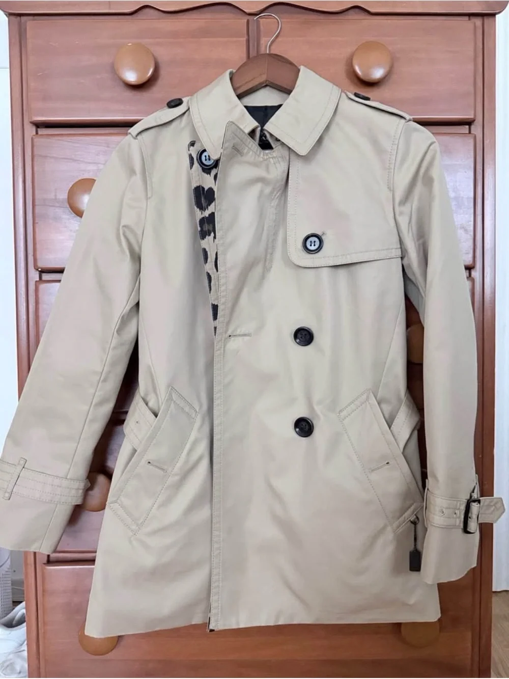 Coach Beige Trench Coat with Leopard Trim